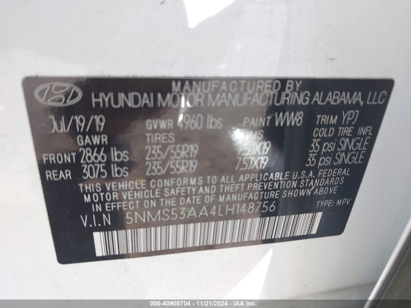 2020 Hyundai Santa Fe Limited 2.0T VIN: 5NMS53AA4LH148756 Lot: 40908704