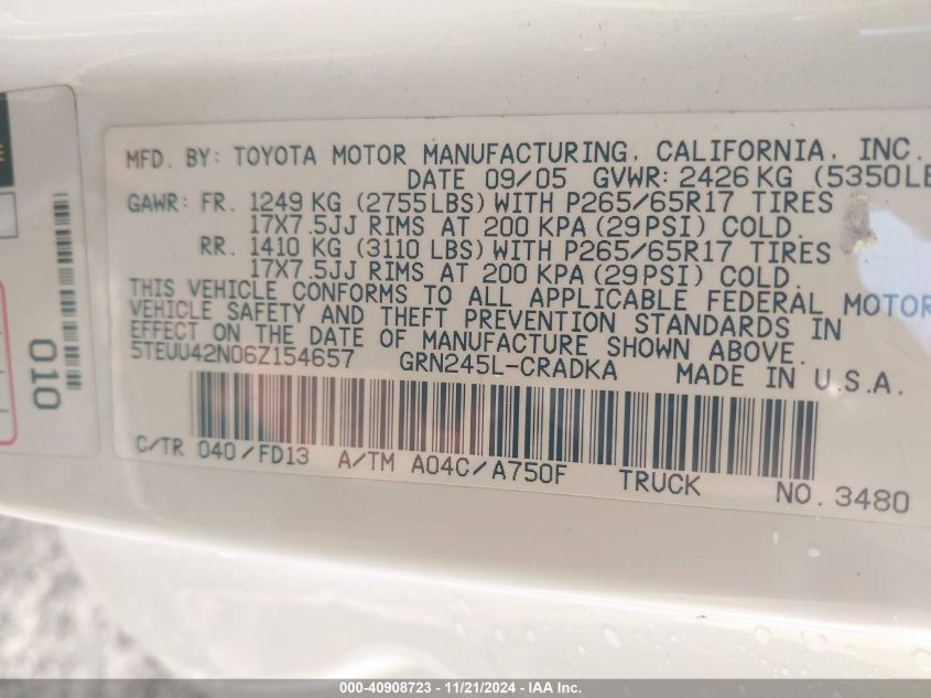 2006 Toyota Tacoma Access Cab VIN: 5TEUU42N06Z154657 Lot: 40908723