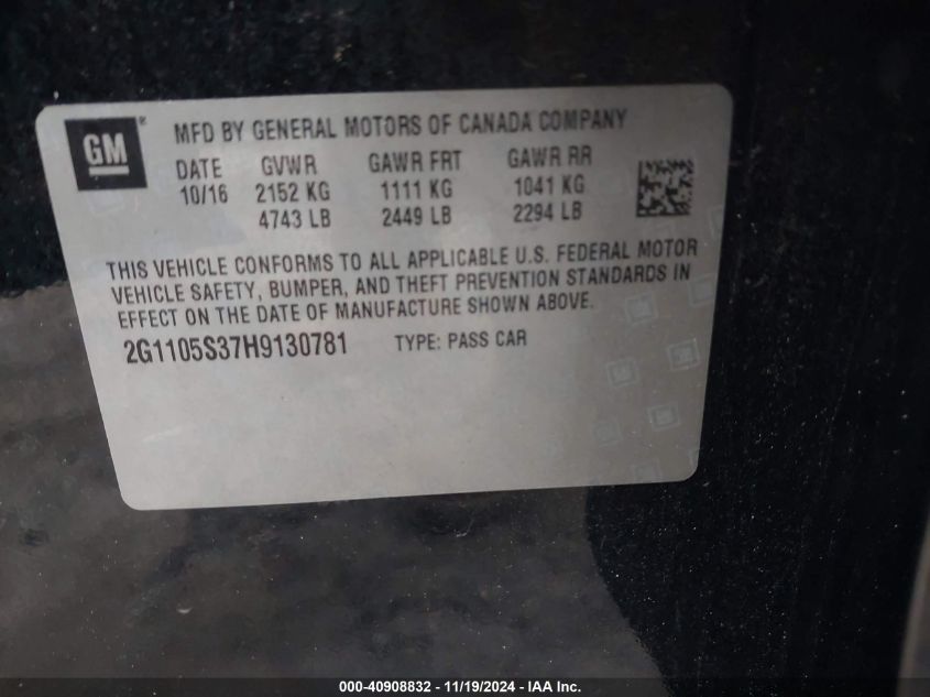 2017 CHEVROLET IMPALA VIN: 2G1105S37H9130781