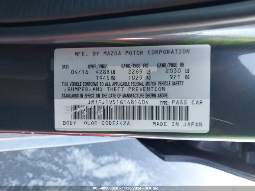 Image 9 of 2016 Mazda 6  salvage vehicle - Lot #40908850 at IAAI