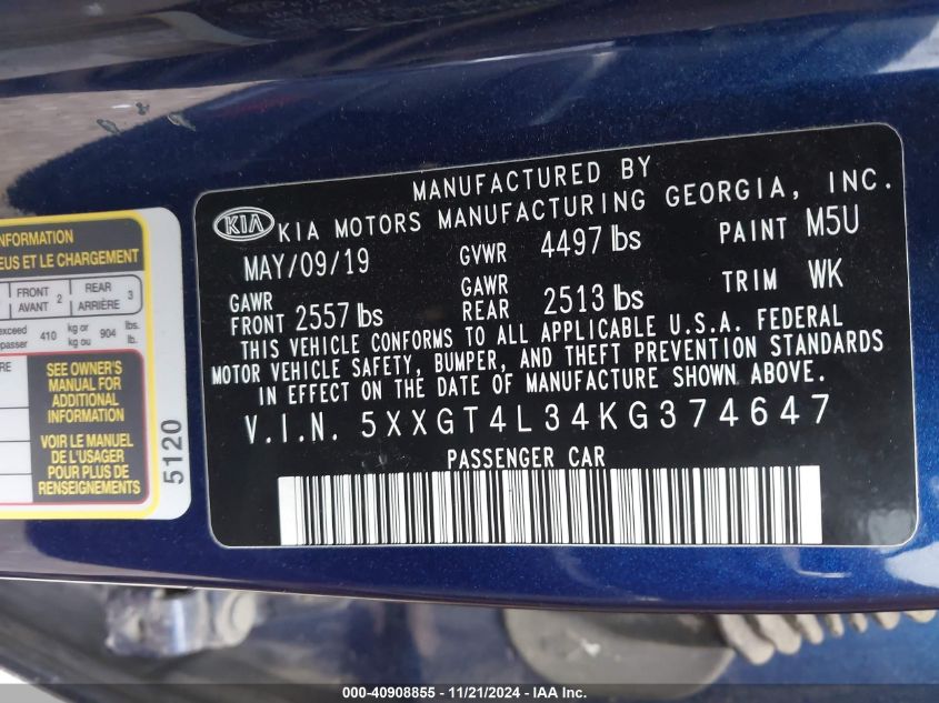 2019 KIA OPTIMA VIN: 5XXGT4L34KG374647