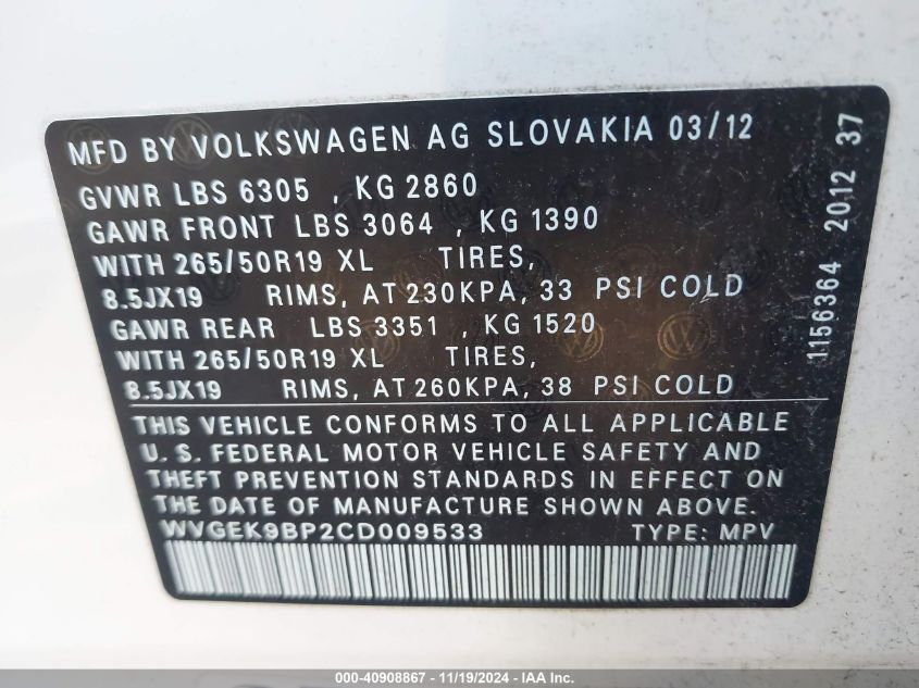 2012 Volkswagen Touareg Tdi Lux VIN: WVGEK9BP2CD009533 Lot: 40908867