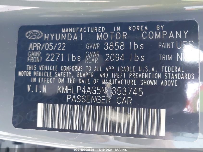 2022 Hyundai Elantra Limited VIN: KMHLP4AG5NU353745 Lot: 40908869