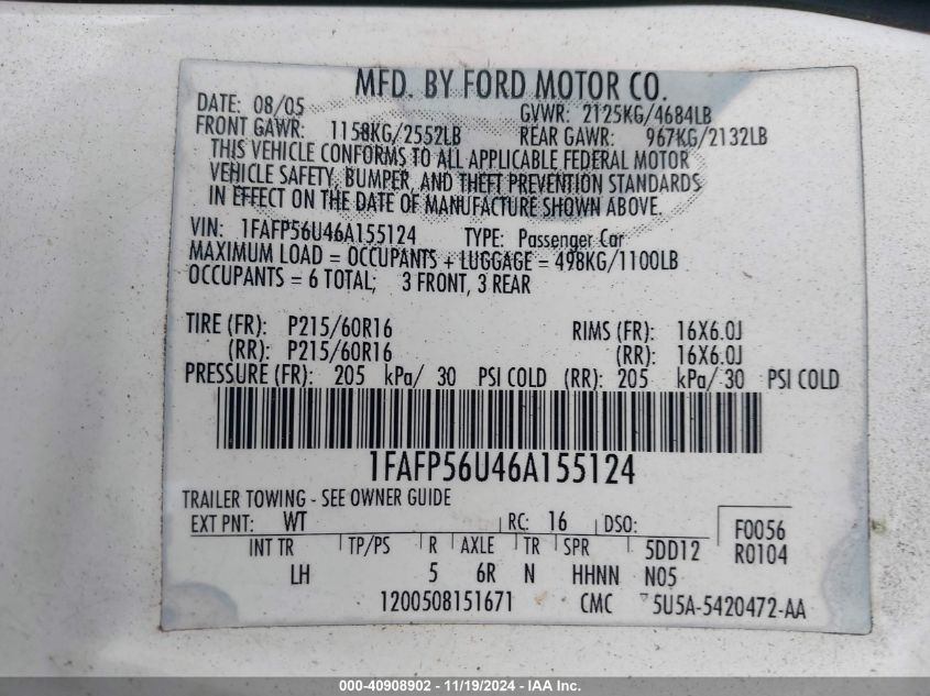 2006 Ford Taurus Sel VIN: 1FAFP56U46A155124 Lot: 40908902