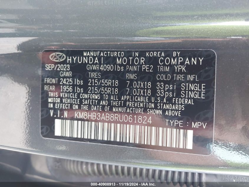 2024 Hyundai Kona Sel VIN: KM8HB3AB8RU061824 Lot: 40908913