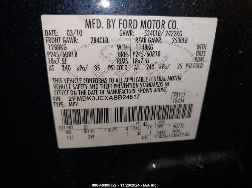 2010 Ford Edge Sel VIN: 2FMDK3JCXABB24617 Lot: 40908927