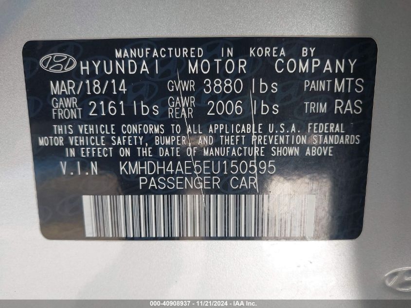 2014 Hyundai Elantra Limited VIN: KMHDH4AE5EU150595 Lot: 40908937