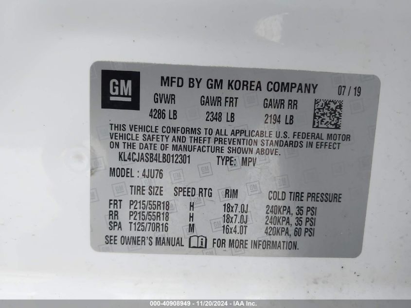 2020 Buick Encore Fwd Preferred VIN: KL4CJASB4LB012301 Lot: 40908949