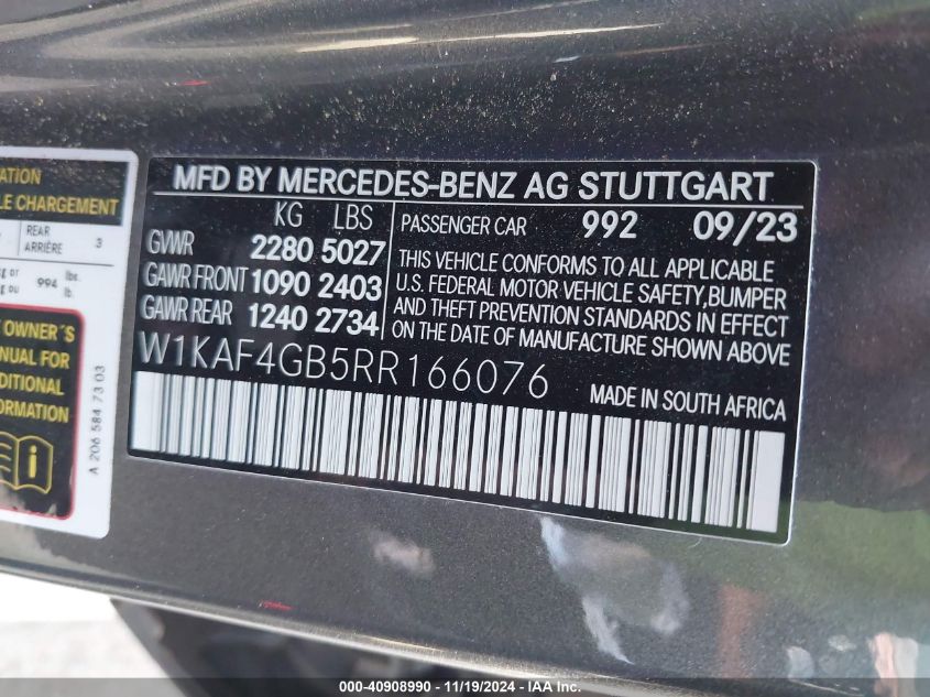 2024 Mercedes-Benz C 300 VIN: W1KAF4GB5RR166076 Lot: 40908990