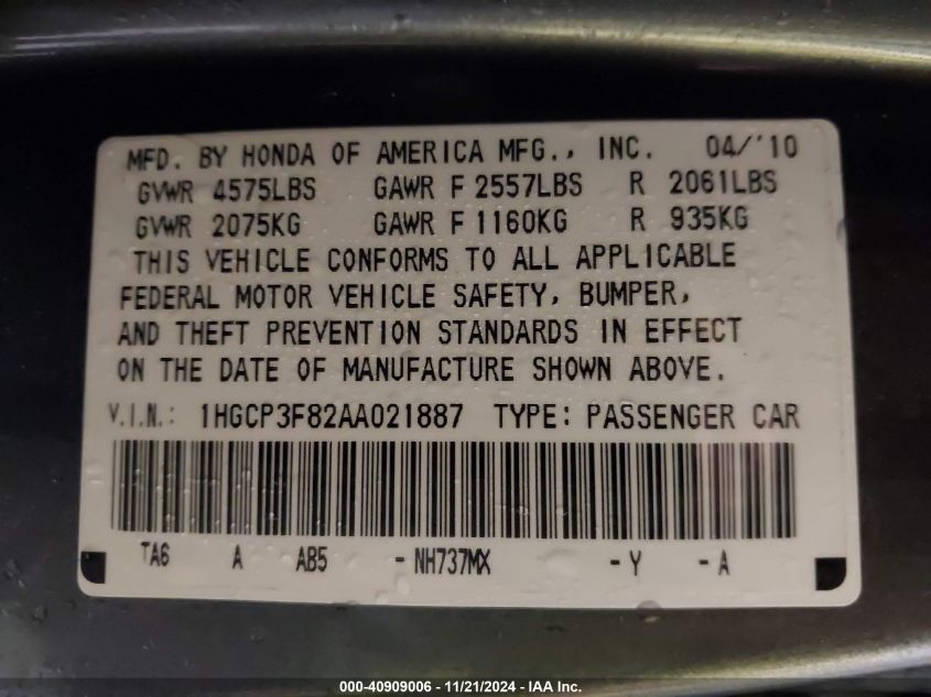 2010 Honda Accord 3.5 Ex-L VIN: 1HGCP3F82AA021887 Lot: 40909006