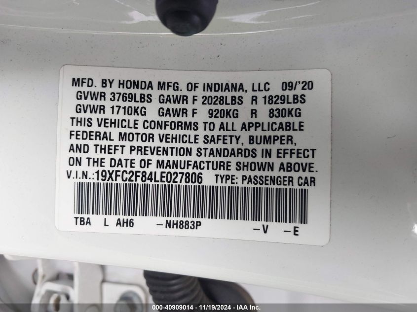 2020 Honda Civic Sport VIN: 19XFC2F84LE027806 Lot: 40909014