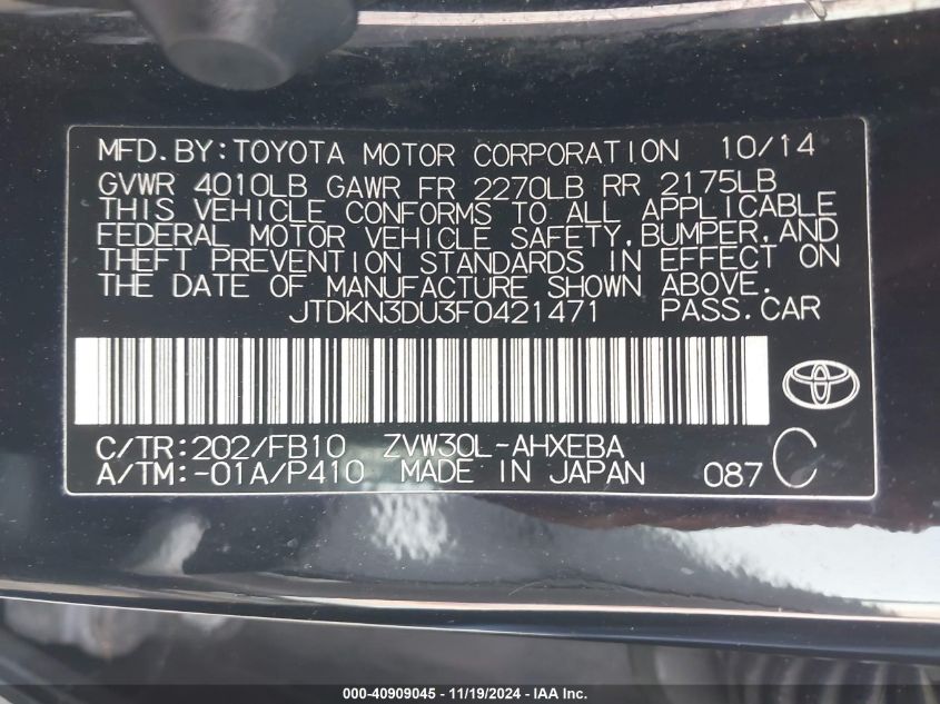 2015 Toyota Prius Two VIN: JTDKN3DU3F0421471 Lot: 40909045