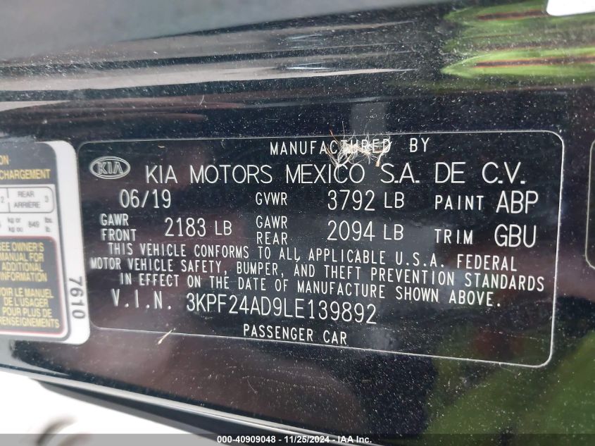 2020 Kia Forte Lxs VIN: 3KPF24AD9LE139892 Lot: 40909048