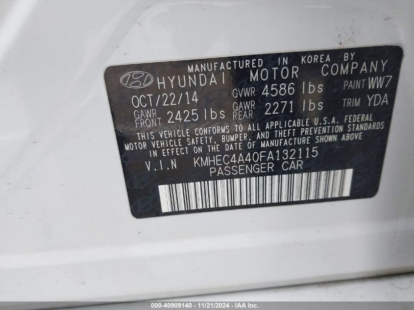 2015 Hyundai Sonata Hybrid Limited VIN: KMHEC4A40FA132115 Lot: 40909140