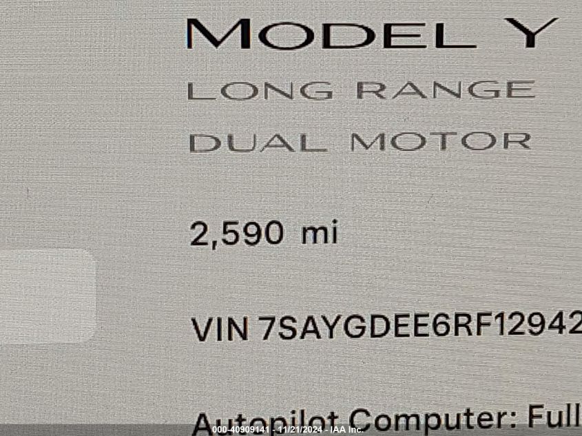 2024 Tesla Model Y Long Range Dual Motor All-Wheel Drive VIN: 7SAYGDEE6RF129422 Lot: 40909141