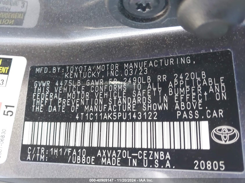 2023 TOYOTA CAMRY 2.5L I-4 DI, DOHC, V(VIN: 4T1C11AK5PU143122