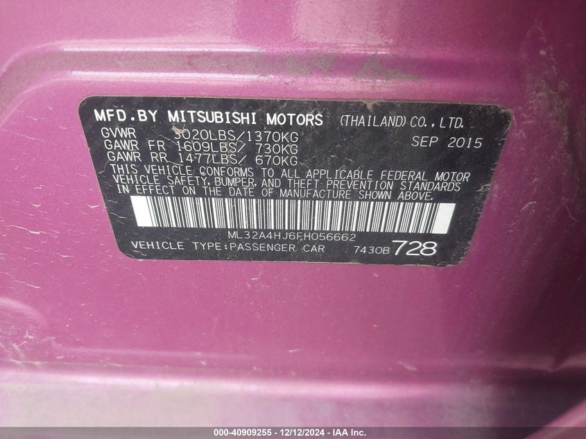2015 MITSUBISHI MIRAGE VIN: ML32A4HJ6FH056662