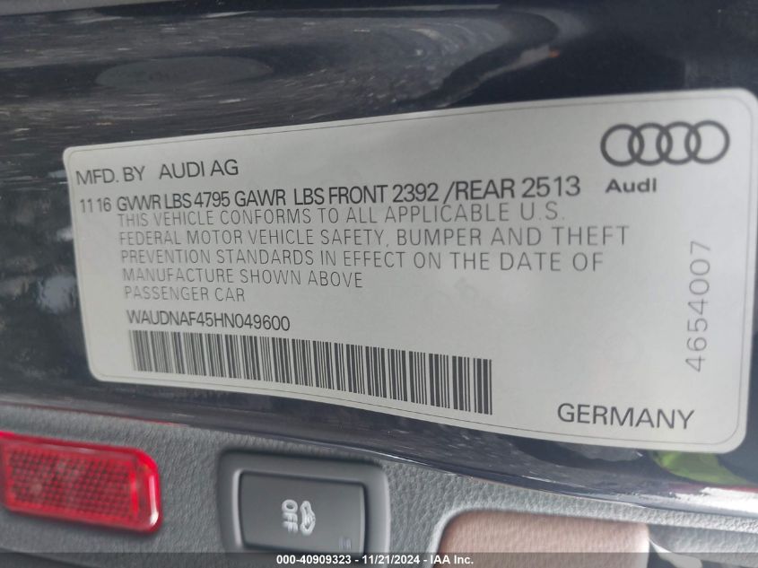 2017 Audi A4 2.0T Season Of Audi Premium VIN: WAUDNAF45HN049600 Lot: 40909323