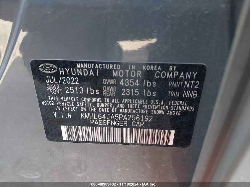 2023 Hyundai Sonata Sel VIN: KMHL64JA5PA256192 Lot: 40909402