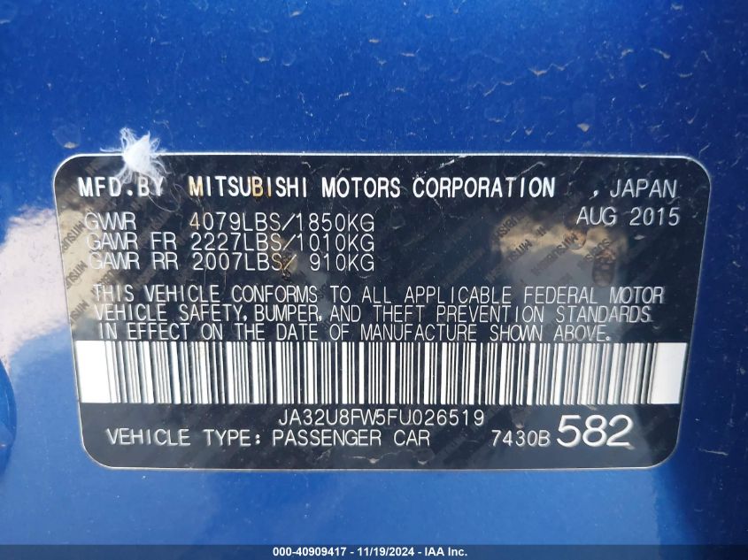 2015 Mitsubishi Lancer Gt VIN: JA32U8FW5FU026519 Lot: 40909417