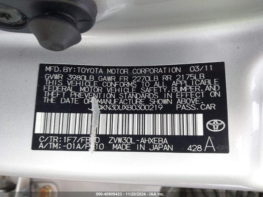 2011 Toyota Prius Three VIN: JTDKN3DUXB0300219 Lot: 40909423