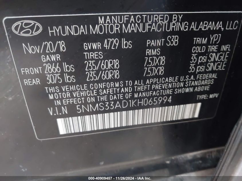 VIN 5NMS33AD1KH065994 2019 Hyundai Santa Fe, Sel Plus no.9