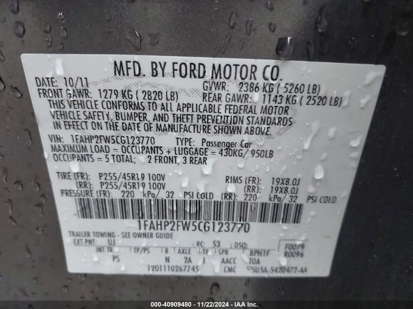 2012 Ford Taurus Limited VIN: 1FAHP2FW5CG123770 Lot: 40909480