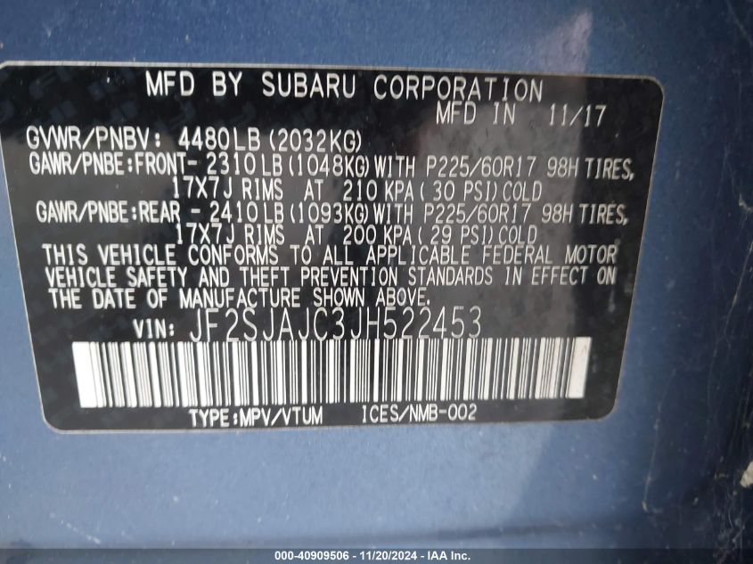 VIN JF2SJAJC3JH522453 2018 SUBARU FORESTER 2.5I LIMITED
