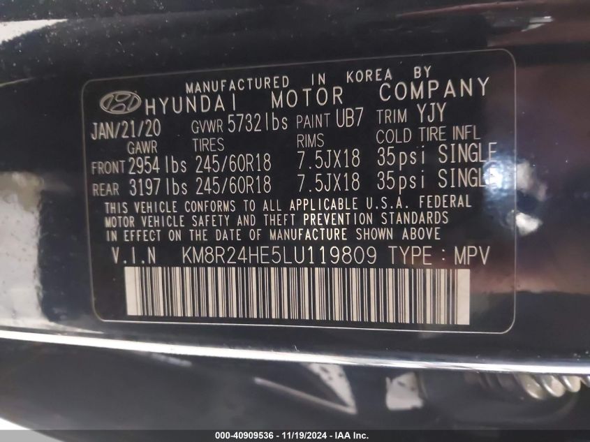 2020 Hyundai Palisade Sel VIN: KM8R24HE5LU119809 Lot: 40909536