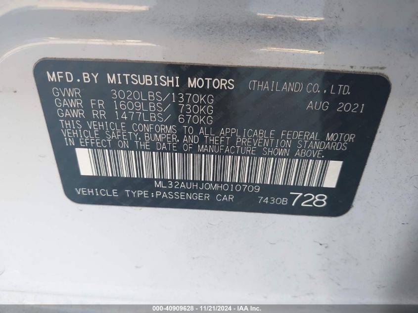 2021 Mitsubishi Mirage Carbonite Edition/Es/Le VIN: ML32AUHJ0MH010709 Lot: 40909628