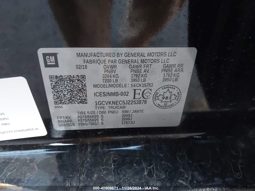 2018 CHEVROLET SILVERADO 1500 VIN: 1GCVKNEC5JZ253876