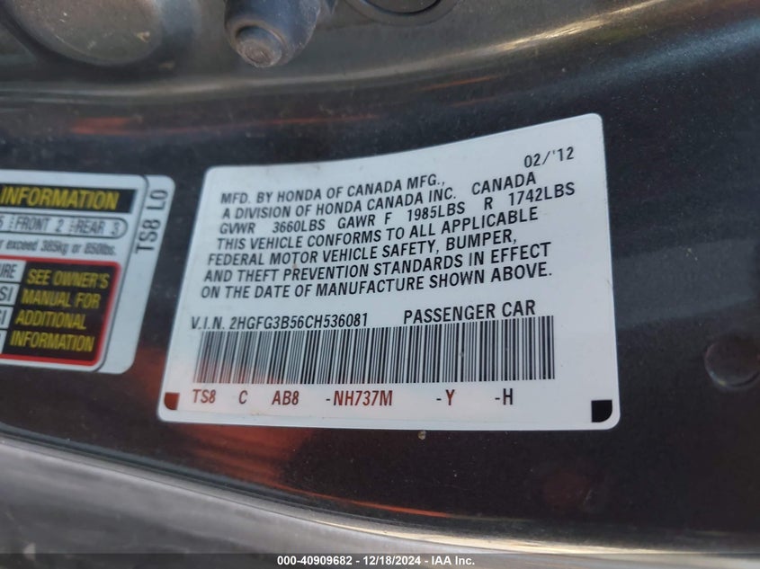 2012 HONDA CIVIC VIN: 2HGFG3B56CH536081