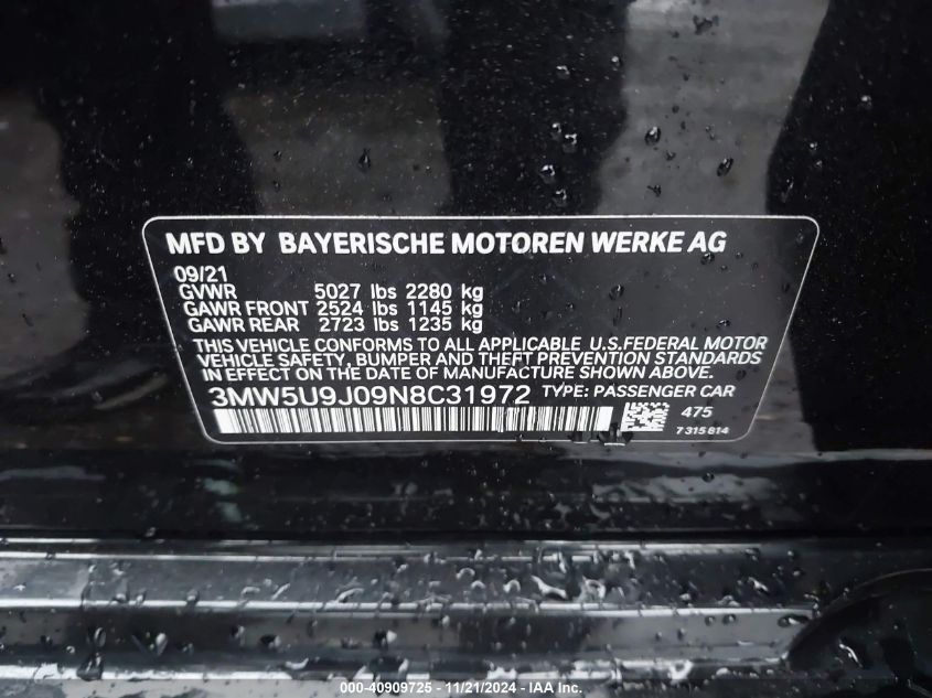 VIN 3MW5U9J09N8C31972 2022 BMW 3 Series, M340I Xdrive no.9