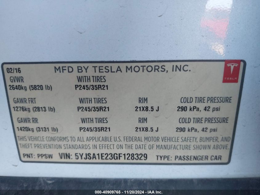 2016 TESLA MODEL S VIN: 5YJSA1E23GF128329