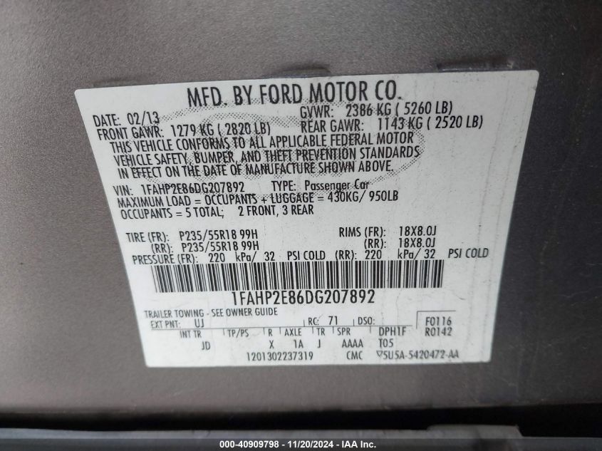 2013 Ford Taurus Sel VIN: 1FAHP2EB6DG207892 Lot: 40909798