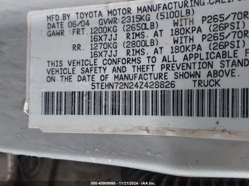 2004 Toyota Tacoma Base V6 VIN: 5TEHN72N24Z428826 Lot: 40909860