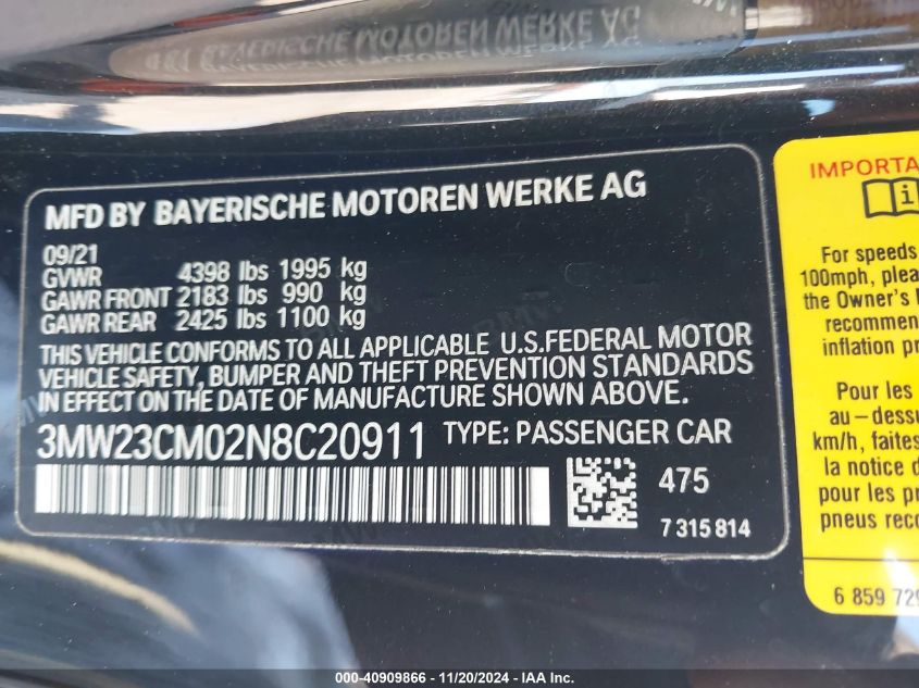 2022 BMW 230 I VIN: 3MW23CM02N8C20911 Lot: 40909866