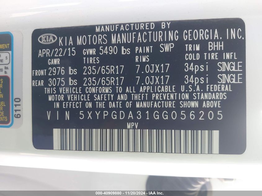 2016 KIA SORENTO 2.4L LX - 5XYPGDA31GG056205