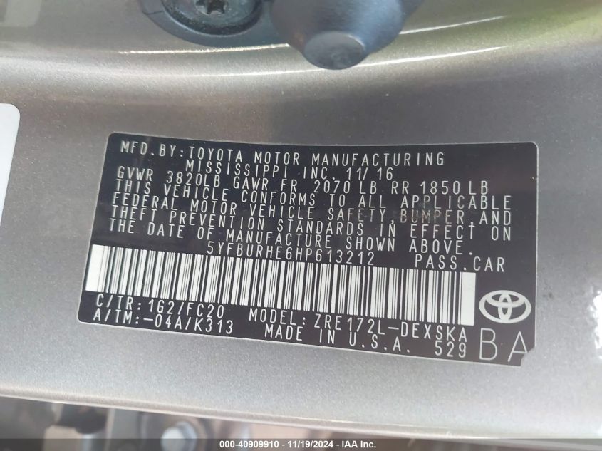 VIN 5YFBURHE6HP613212 2017 Toyota Corolla, L/Le/Xle... no.9