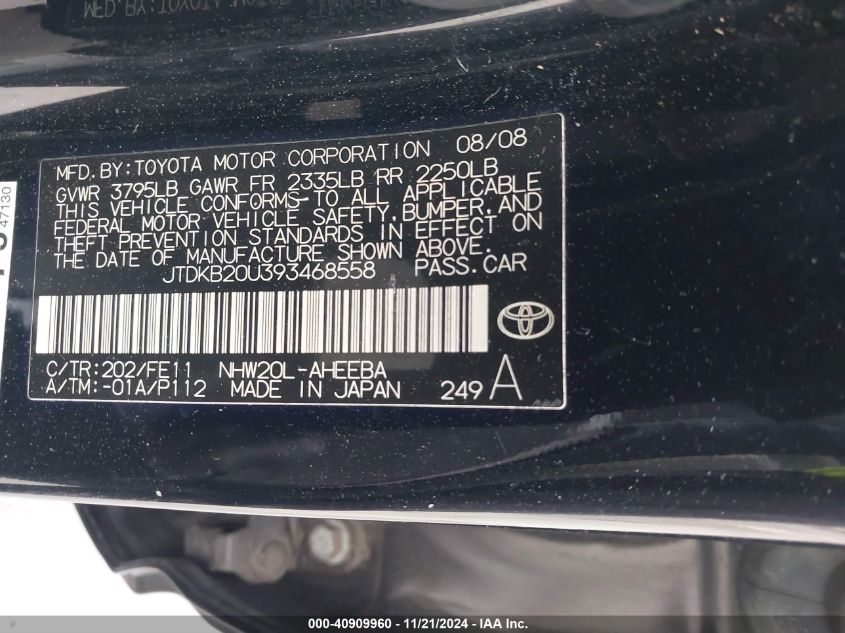 2009 Toyota Prius VIN: JTDKB20U393468558 Lot: 40909960