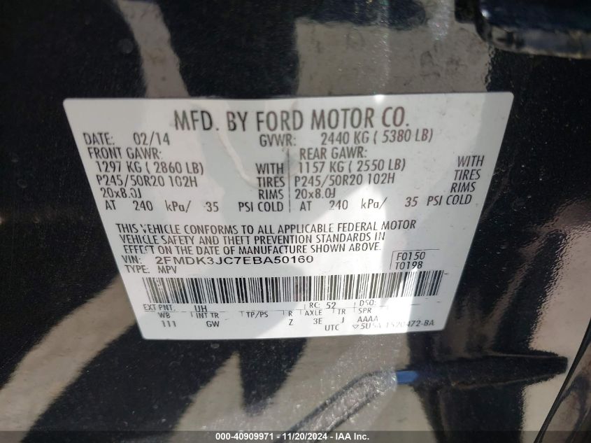 2014 Ford Edge Sel VIN: 2FMDK3JC7EBA50160 Lot: 40909971