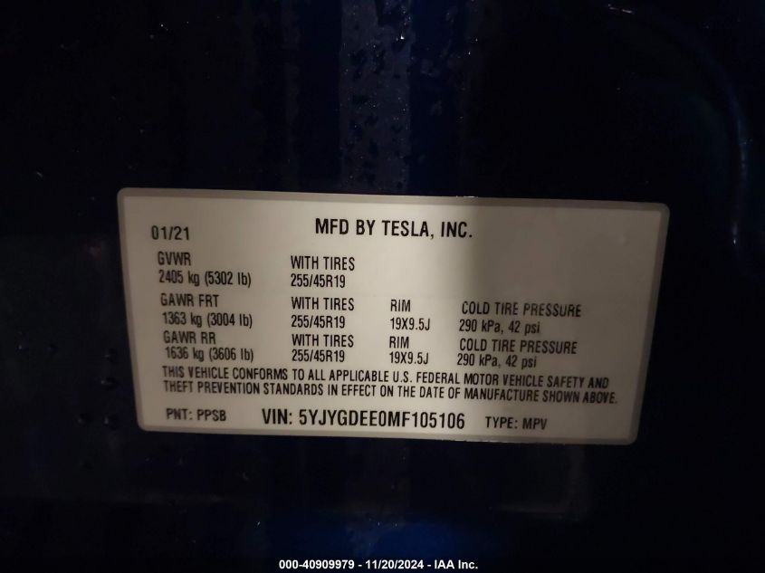 2021 Tesla Model Y Long Range Dual Motor All-Wheel Drive VIN: 5YJYGDEE0MF105106 Lot: 40909979