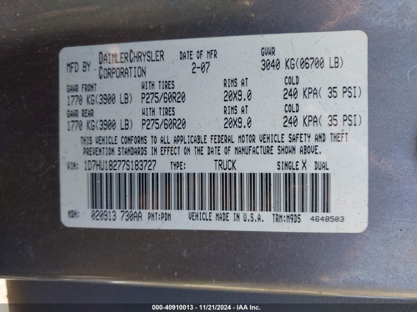 2007 DODGE RAM 1500 VIN: 1D7HU18277S183727