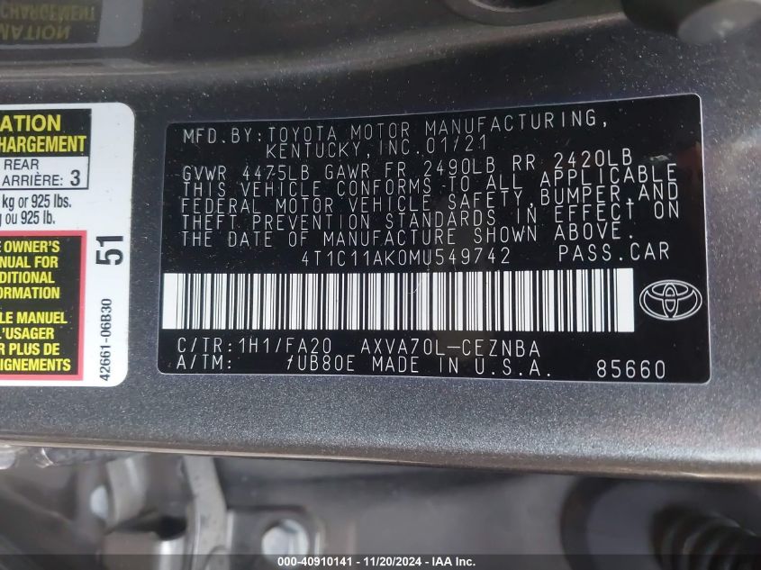 2021 TOYOTA CAMRY VIN: 4T1C11AK0MU549742