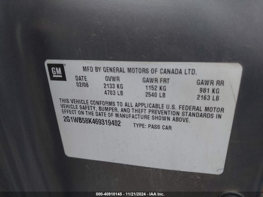 2006 CHEVROLET IMPALA VIN: 2G1WB58K469319402