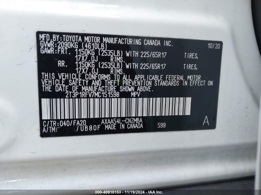 2021 Toyota Rav4 Xle VIN: 2T3P1RFV7MC151598 Lot: 40910153