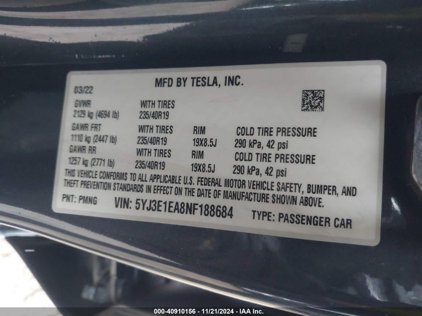 2022 Tesla Model 3 Rear-Wheel Drive VIN: 5YJ3E1EA8NF188684 Lot: 40910156