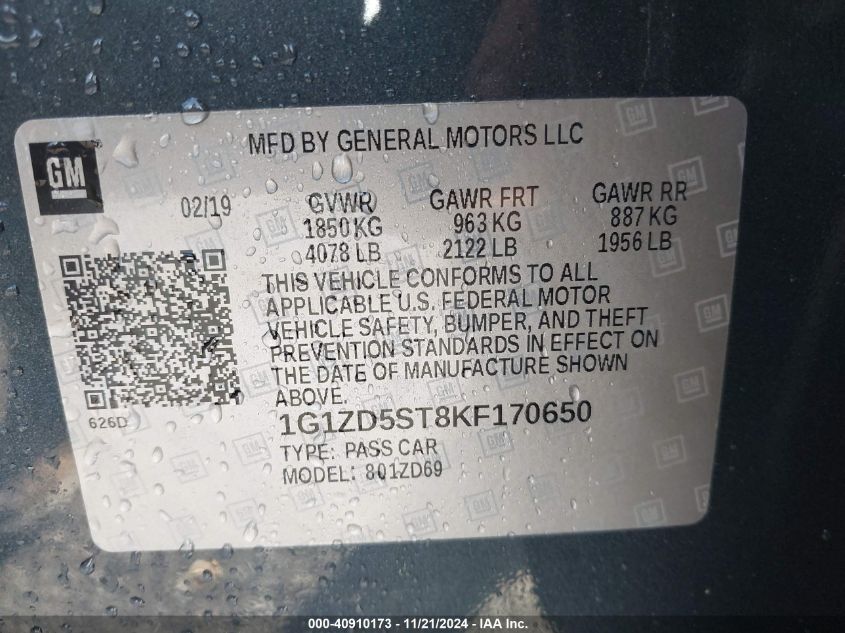 2019 CHEVROLET MALIBU VIN: 1G1ZD5ST8KF170650