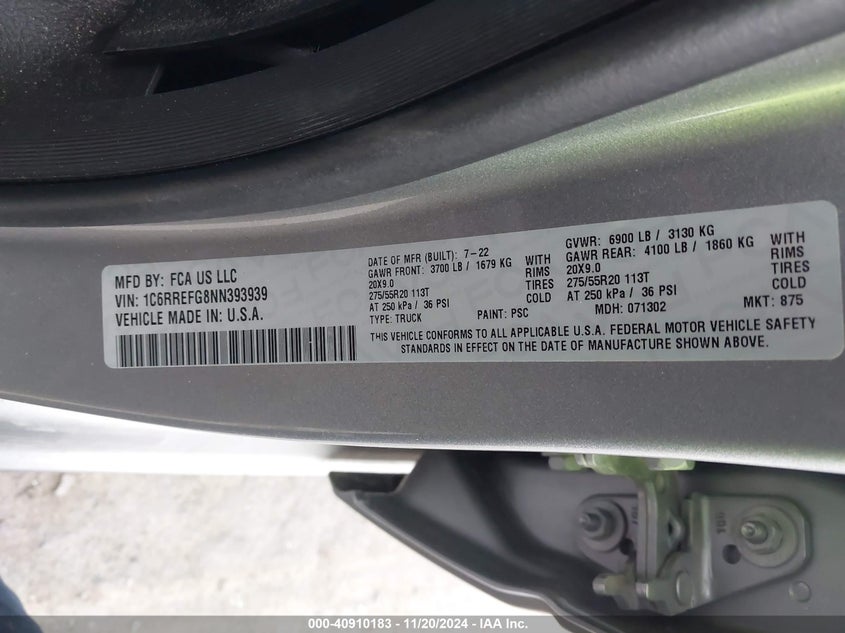 2022 RAM 1500 3.6L V6 FI DOHC 24V (VIN: 1C6RREFG8NN393939