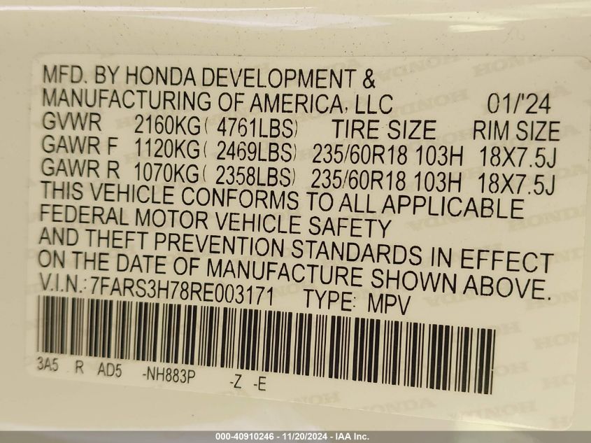 VIN 7FARS3H78RE003171 2024 HONDA CR-V no.9